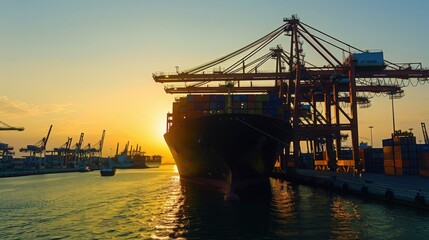 Silhouette of a cargo ship docked at a port during sunset, surrounded by cranes and water, creating a tranquil scene.