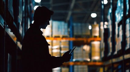 Obraz premium Silhouette of a worker using a tablet in a warehouse, surrounded by stacked pallets for inventory management and logistics.