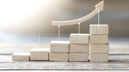 growth and progress through ascending wooden blocks and a curved arrow pointing upward