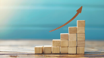growth and progress through ascending wooden blocks and a curved arrow pointing upward