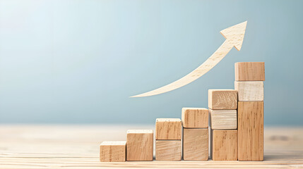 growth and progress through ascending wooden blocks and a curved arrow pointing upward