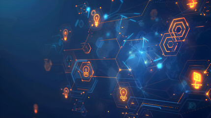  a sleek digital interface. Hexagonal icons representing various tech elements like lightbulbs, gears, and locks float above a world map