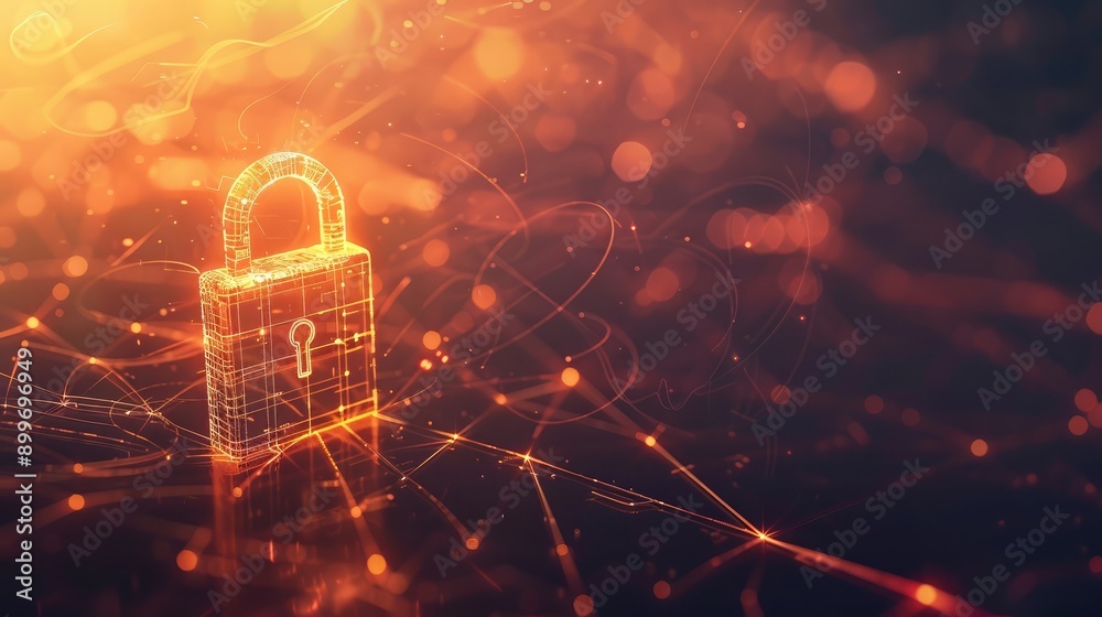 Poster digital padlock over an abstract tech background, emphasizing secure network connections.