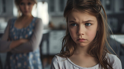 a stern-looking mother and her visibly upset daughter