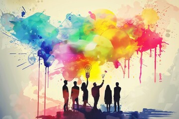 Fototapeta premium Group of people silhouettes with light bulb icons, surrounded by bright, colorful paint splashes, symbolizing creative collaboration and innovation.