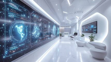 Futuristic Space Room With Digital Displays and White Seating