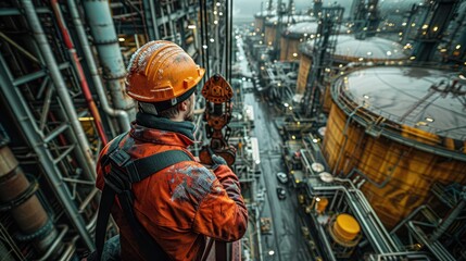 Fototapeta premium Skilled Male Worker Operating Crane in Oil Storage Facility with Massive Tanks and Industrial Equipment in Background