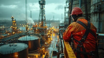 Skilled Crane Operator at Oil Storage Facility Among Industrial Tanks and Equipment