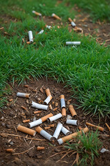 Close-up of a pile of cigarette butts, on the ground, in the middle of the grass in nature or a park. Pollution concept.