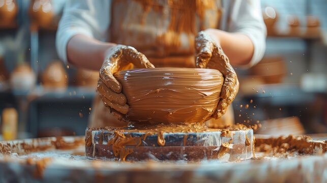 Potter Shaping Clay on Pottery Wheel, Artistic Ceramic Creation, Craftsmanship in Action, Hands Molding Pottery Pieces, Pottery Studio, Ceramic Art, Creative Process, Skilled Potter, Pottery - Powered by Adobe