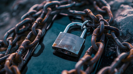 secure digital devices through a smartphone wrapped in chains and secured with a padlock