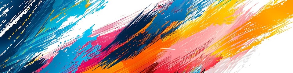 Artistic abstract background, vibrant brush strokes in blue, orange, red, yellow, pink, white, space for text on right.