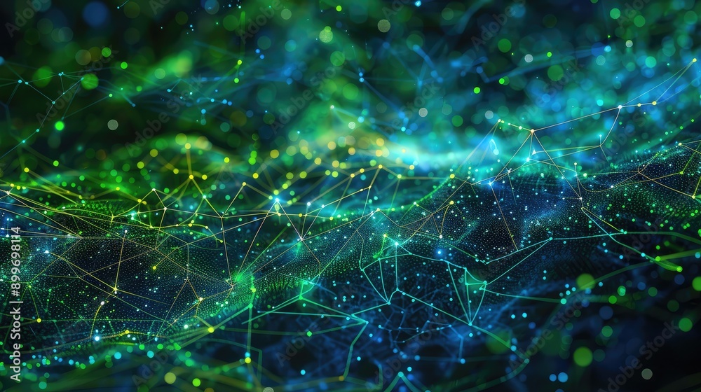 Poster blue and green network technology background with data flow patterns, illustrating modern communicat