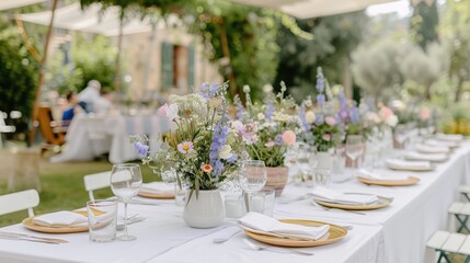 Tables are beautifully arranged outdoors with floral centerpieces, ready for a wedding reception in a picturesque garden setting