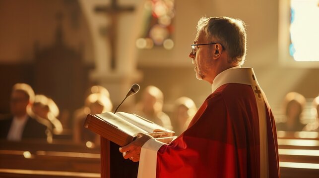 A solemn moment of a clergyman delivering a sermon during a service. A respectful image that highlights the preacher, the congregation, the worshipers and the church setting