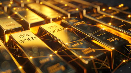 Stacks of gold bars with glowing connections