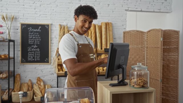 Young man working at a bakery counter using a computer terminal surrounded by bread loaves and pastries displayed in the background