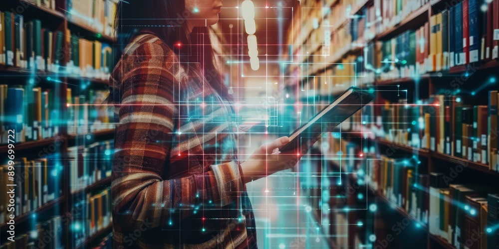 Poster A person browsing a virtual library with digital books, highlighting the accessibility and convenience of online information