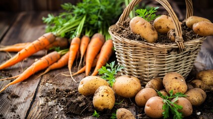 A basket of freshly dug carrots and potatoes, covered in soil, on a rustic wooden table