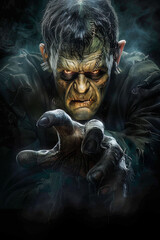 Frankenstein Monster.  Generated image.  A digital illustration of a  Halloween poster of threatening scary Frankenstein monster, detailed full body, hands reaching, facing the viewer.