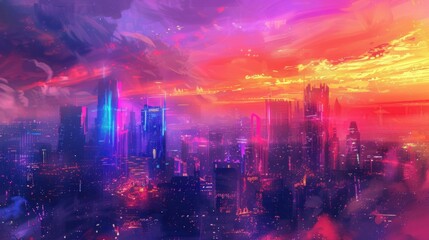Neon Cityscape: Abstract Futuristic Skyline in Sci-Fi Style, Digital Painting