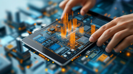 Hands Interacting With Tablet Displaying a 3D Cityscape