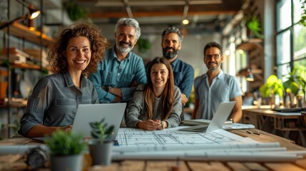 Diverse Team of Architects and Engineers Brainstorming in Modern Office with Laptops and Blueprints