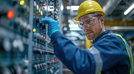 Industrial Engineer Conducting Control Panel Inspection at Power Plant in Safety Gear
