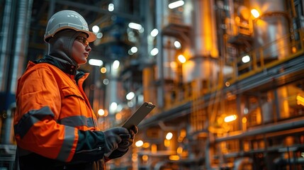 Obraz premium Industrial Worker at Oil and Gas Plant with Bright Lights in Dusk Setting