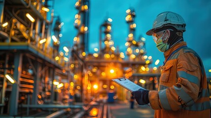 Obraz premium Industrial Worker at Oil and Gas Plant During Dusk Shift with Safety Gear and Clipboard under Bright Lights