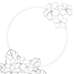 Vector tropical circle frame, template with monstera leaves, and plumerias flowers. Freehand drawing, arrangements, background. Black circuit silhouette