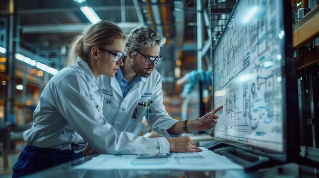 Collaborative Engineering Meeting: Team of Engineers Analyzing Project Plans on Large Screen