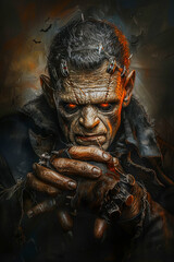 Frankenstein Monster.  Generated image.  A digital illustration of a  Halloween poster of threatening scary Frankenstein monster, detailed full body, hands reaching, facing the viewer.
