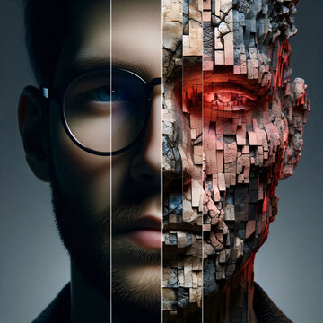 Disintegrated paranoid personality Disturbed mind borderline psychosis schizophrenia, psychiatry and psychotherapy motif theme, illustration poster wallpaper background 