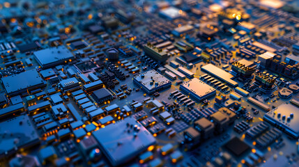 Abstract macro shot of a circuit board with glowing lights.