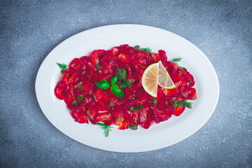 Salmon gravlax with beetroot, Scandinavian snack, beet gravlax, lightly salted fish, homemade, no people,