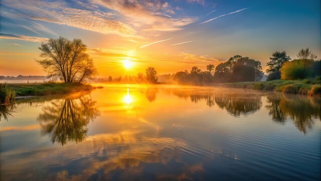 sunrise over the river casting a warm glow on the water surface, dawn, morning, nature, outdoors, riverbank, sun reflection