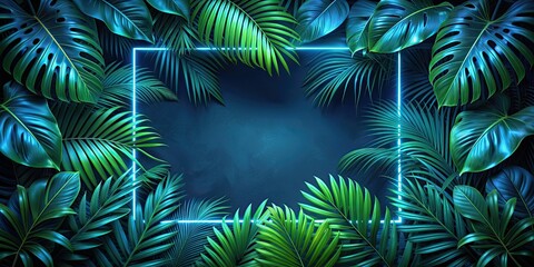 Glowing blue frame enhancing green tropical leaves on dark background, neon, oasis, glowing, blue, frame, enhancing, green