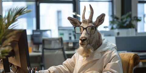 A goat wearing glasses works on a computer, illustrating humor and productivity in a modern office setting.