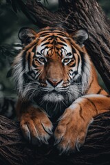 Fototapeta premium A fierce yet tranquil tiger rests its head and paws on a tree, capturing the powerful yet peaceful nature of the animal.