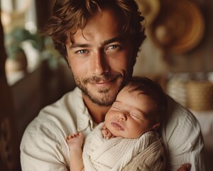 Loving Father Comforting Newborn Baby Boy, Bonding in Tender Moment of Protection and Care