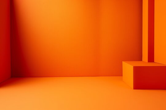 An abstract orange room with simple geometric shapes, steps, and deep shadows, symbolizing minimalism and modernity.
