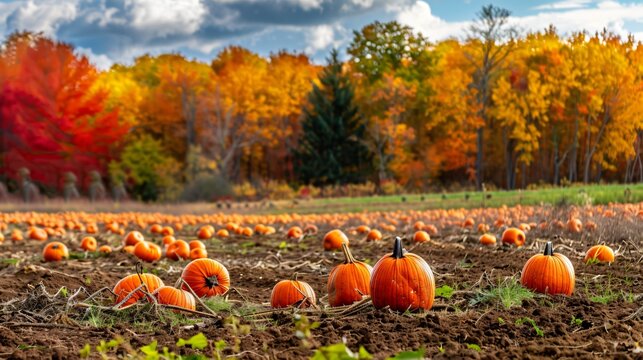 A field of bright orange pumpkins ready for picking, with a backdrop of colorful autumn trees