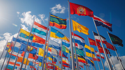 Flags of the United Nations Flying in the Wind