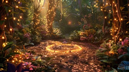 glowing enchanted forest with a fairy circle, surrounded by magical lights and vibrant plants