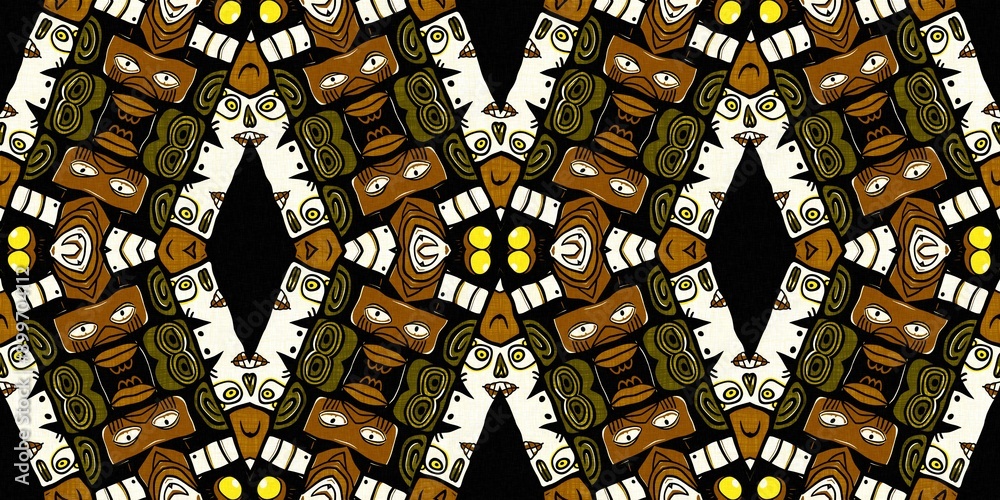 Wall mural Modern tribal shape mud cloth border effect seamless pattern. Stylized shape doodle in khaki brown color background design of printed patterned banner edge trim fabric repeat.