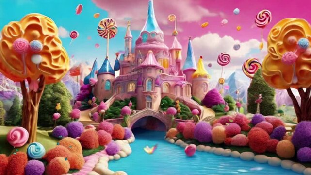 A palace in the land of cakes with a river. There are several trees and flowers made of colorful cakes.
