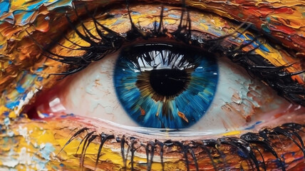 oil painting. Conceptual abstract picture of the eye. Oil painting in colorful colors. Conceptual abstract closeup of an oil painting and palette knife on canvas, Generative AI.