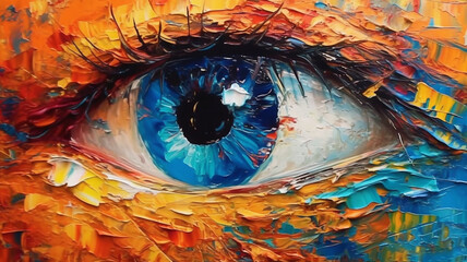 oil painting. Conceptual abstract picture of the eye. Oil painting in colorful colors. Conceptual abstract closeup of an oil painting and palette knife on canvas, Generative AI.