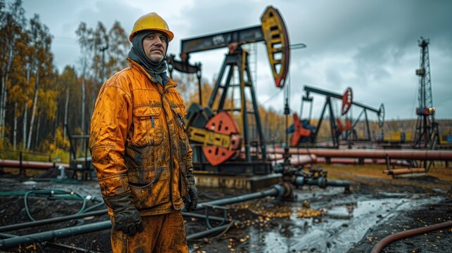 Oil Industry Worker Standing Next to Pump Jack in Oil Field with Pipelines and Machinery Background